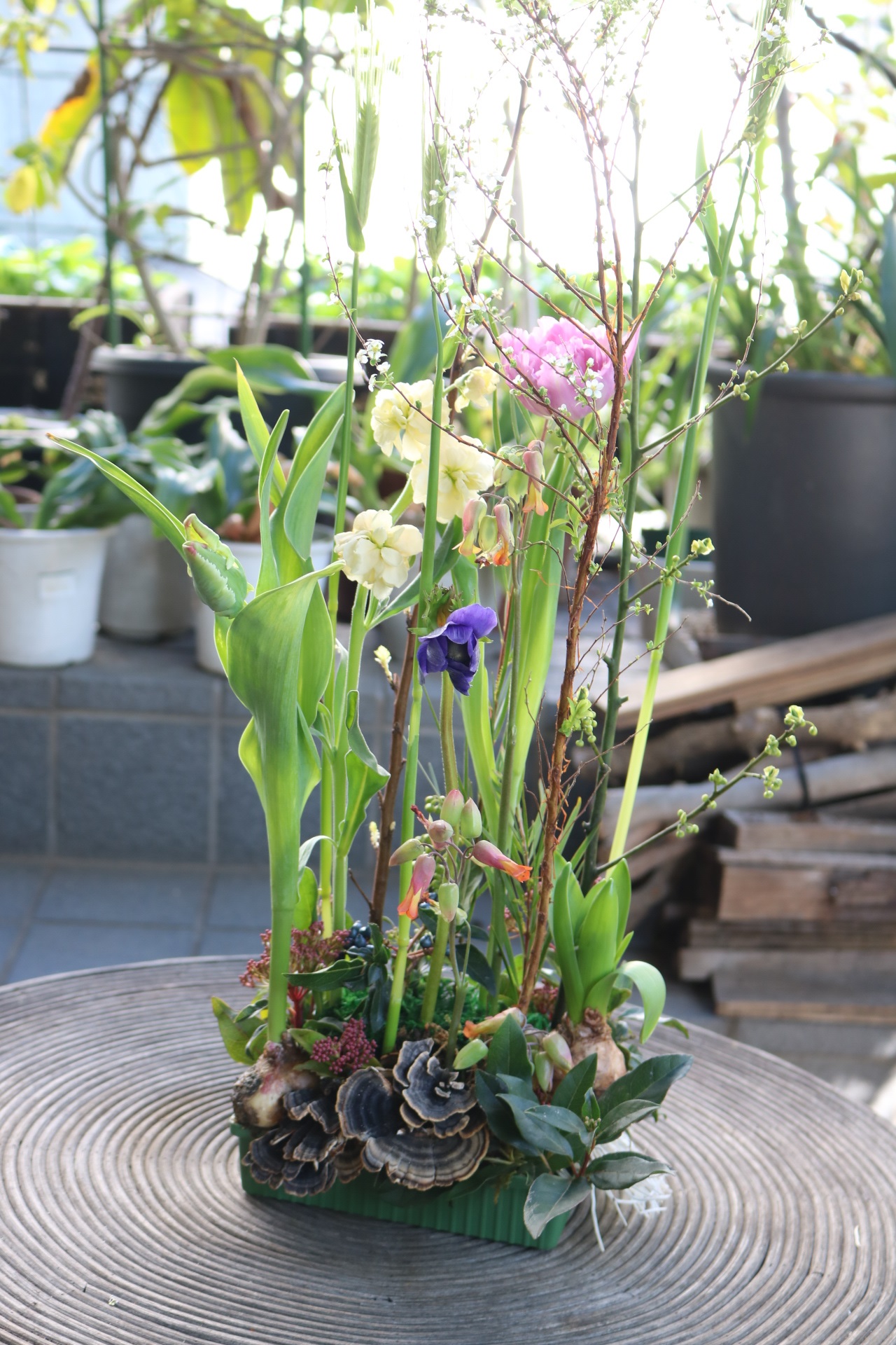 球根付きの花を使って春のフラワーアレンジメント